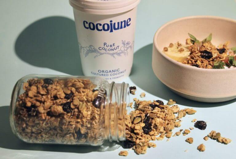 cocojune pure cocojune dairy-free yogurt with granola.
