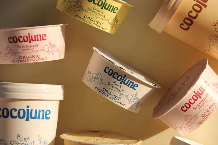 Assortment of organic, dairy-free and probiotic cocojune yogurt.